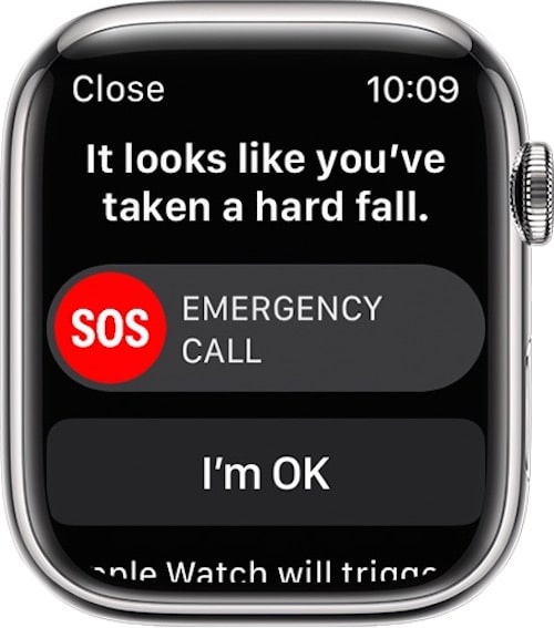 Apple Watch screen after fall detection is activated with options to call emergency services or cancel the alarm 