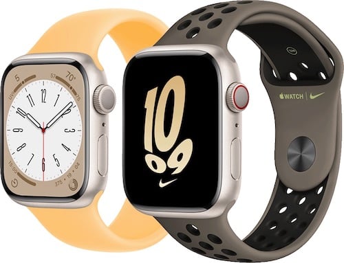 Apple Watch Series 8 with analog display and a yellow band next to a Series 8 with digital display and a gray band 
