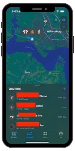 View of multiple Apple devices on a map in the Find My app