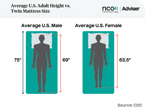 comparing average adult U.S. male and female heights to twin mattress size
