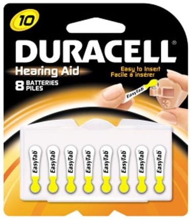 Package of Duracell size 10 hearing aid batteries