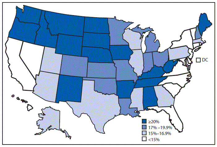 CDC Map of United States showing the percentage of adults with hearing loss by state