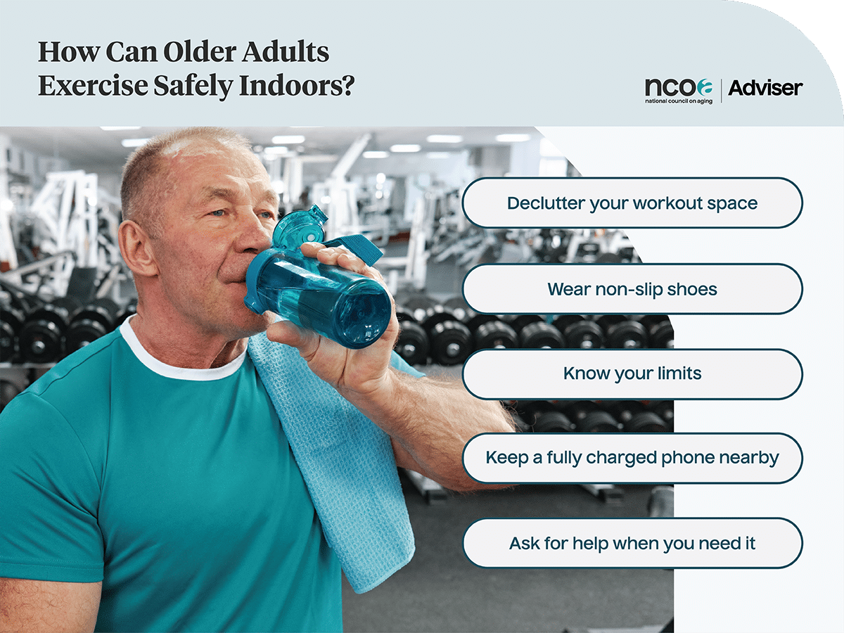 An infographic listing ways older adults can exercise safely indoors