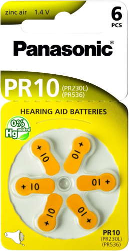 Package of size 10 Panasonic hearing aid batteries