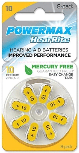 Package of Powermax size 10 hearing aid batteries