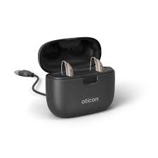 Oticon SmartCharger portable charging case with hearing aids and charging cord