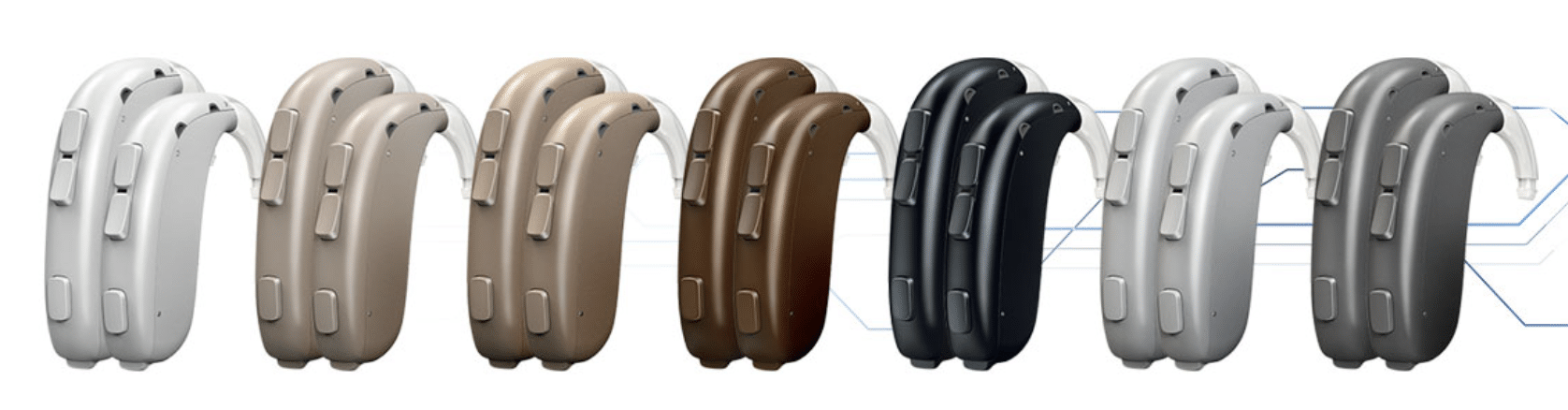 The seven colors of Oticon Xceed hearing aids