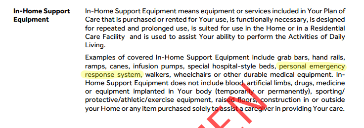 Text excerpt from New York Life insurance policy explaining in-home support equipment benefit with personal emergency response system highlighted