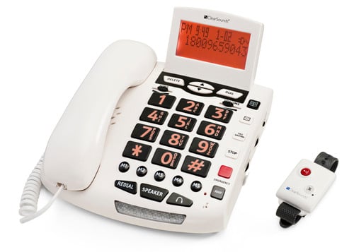 ClearSounds CSC600ER SOS Alert phone with large keypad, digital screen, and wristband emergency button