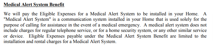 Text excerpt from Mutual of Omaha insurance policy explaining medical alert system benefit