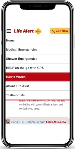 Life Alert mobile drop-down navigation menu with “How it Works” highlighted.