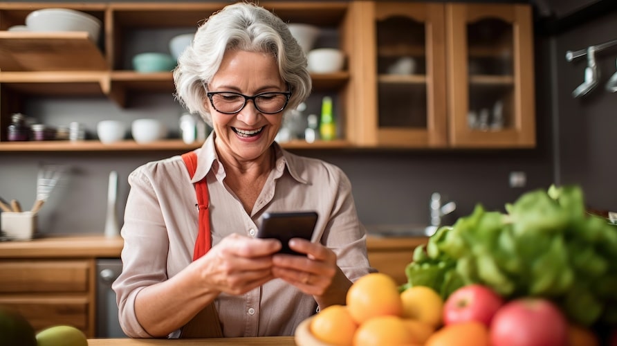 Older adult woman using smartphone in kitchen with produce
