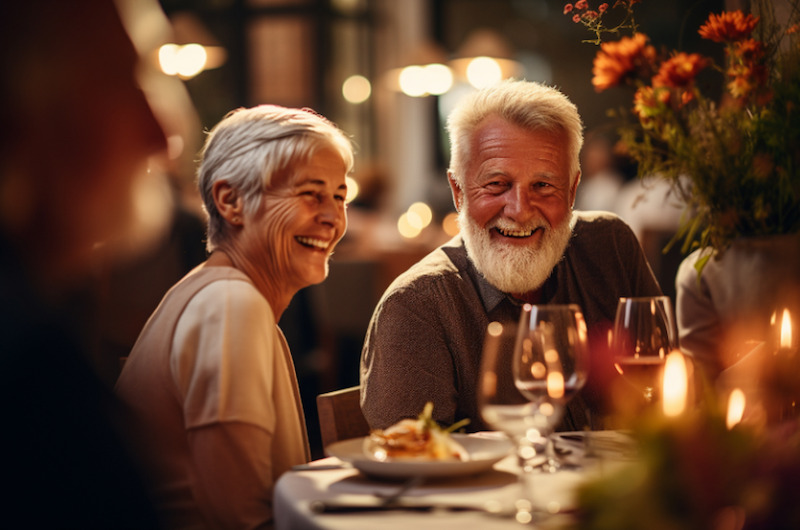 Older adult couple enjoying dinner at a restaurant together