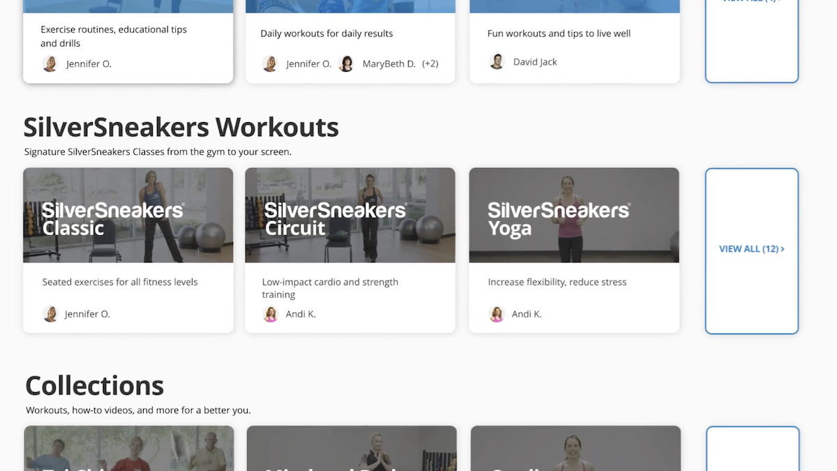 Workout video options on the website.