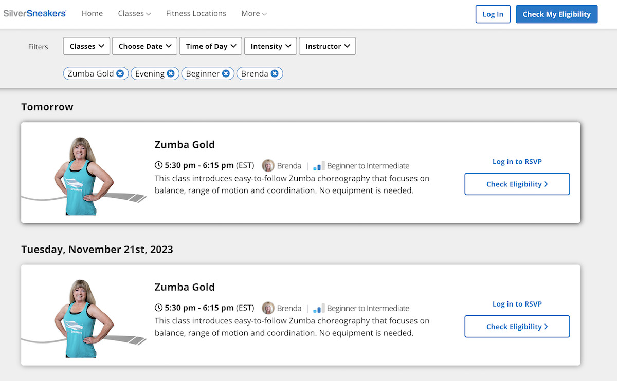 A results page showing beginner Zumba Gold classes available in the evening.