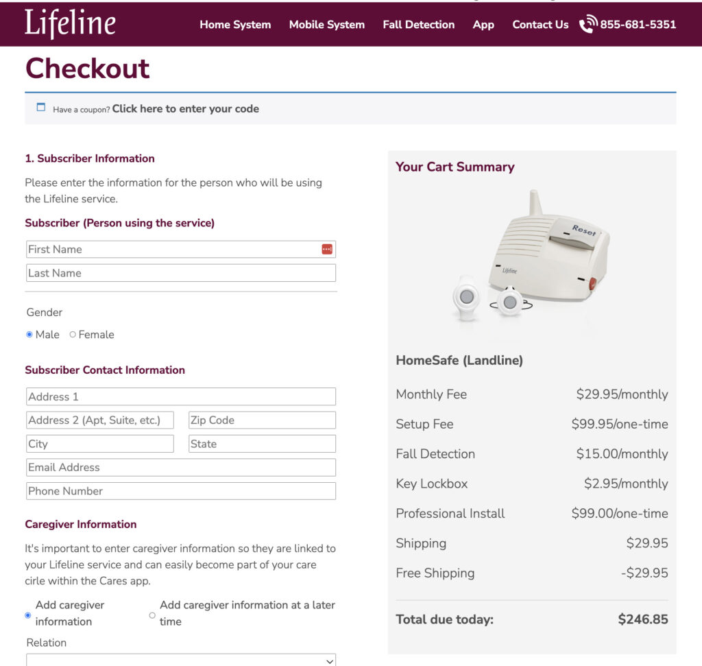 Desktop view of the Lifeline order page with all of the standard and optional fees listed
