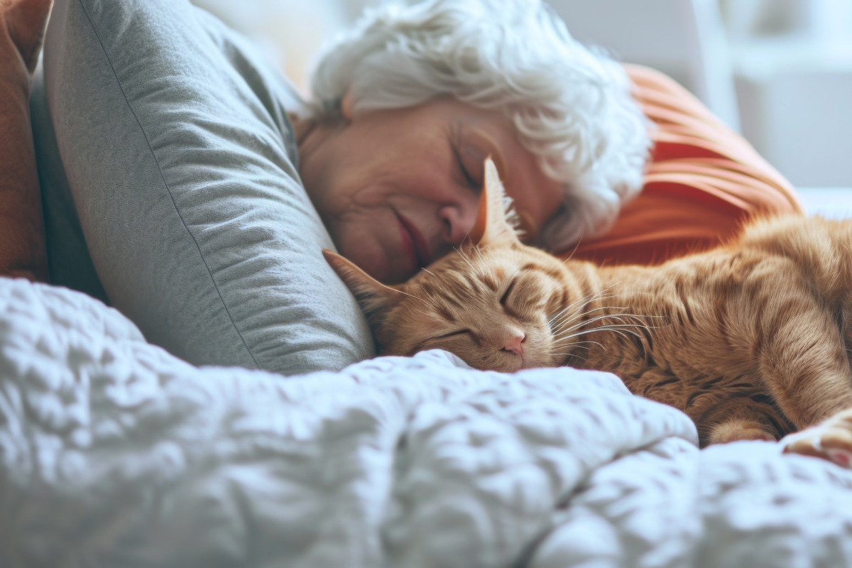 Older woman sleeping peacefully on comfortable bed with pet ginger cat