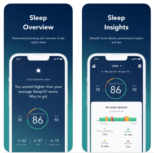 SleepIQ app screenshots displaying a SleepIQ score and detailed sleep session info 
