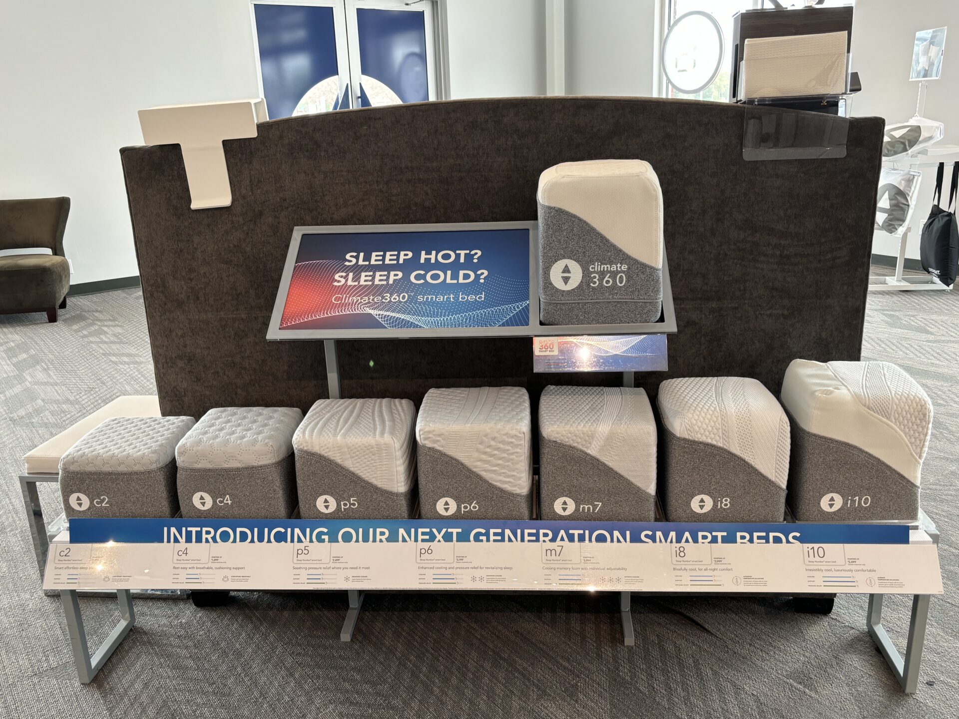 Sleep Number mattress samples shaped like blocks lined up next to each other